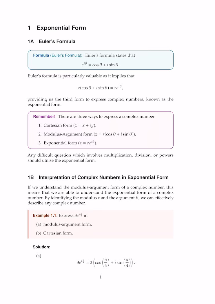 Page 1 of exponential form section in Complex Numbers.